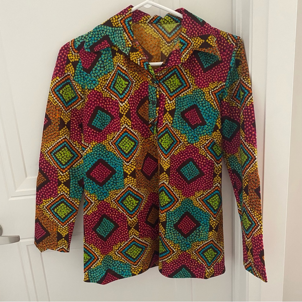 Authentic 70s Vintage Colorful Geometric Patterned Shirt Women’s Size Small